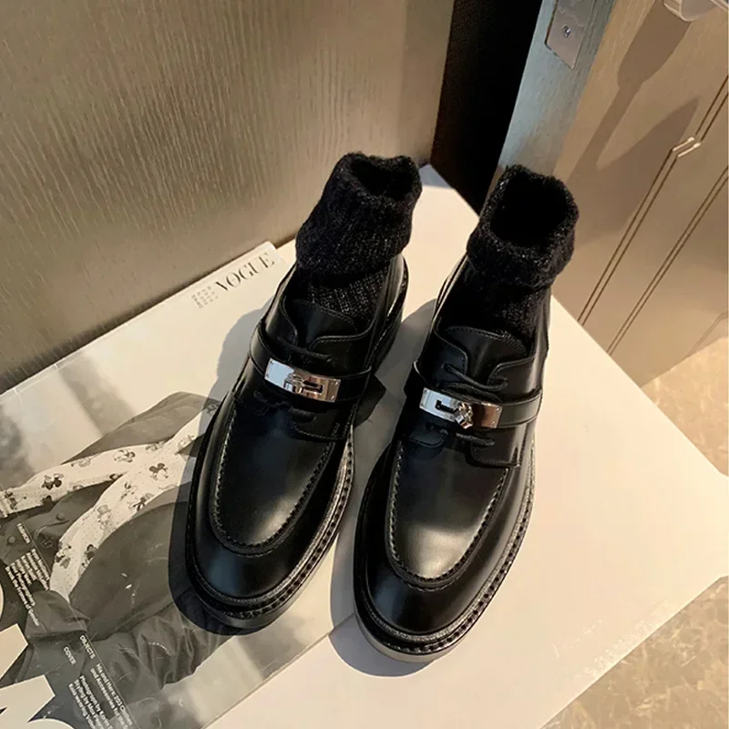 Office Career Women Pumps PU Spring New British Retro Metal Buckle Thick Bottom JK Flat Bottom Small Leather ShoesWoman Shoe