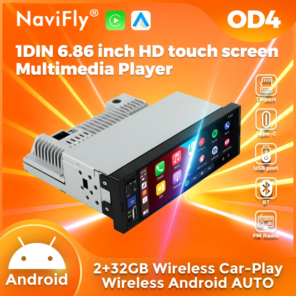 NaivFly kabelloses CarPlay Android13 Auto-Autoradio 1DIN 6,86 Zoll Touchscreen Multimedia-Audio-Player USB BT Smart USB DVD SWC Image