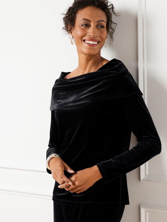 Off-the-shoulder Stretch Velvet Top - Black - Talbots Tops