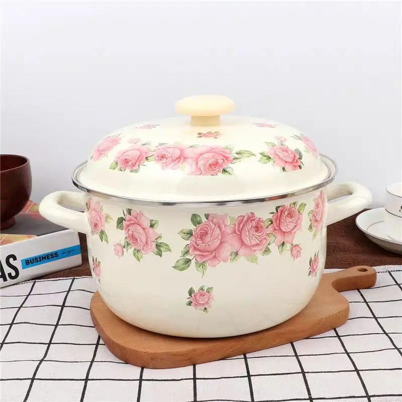 Verdickte 16-24cm elegante rosa Rose Emaille Doppel ohr Topf mit Deckel Braten Schmoren Kochen und Fondue Hot Pot für Nudeln Image