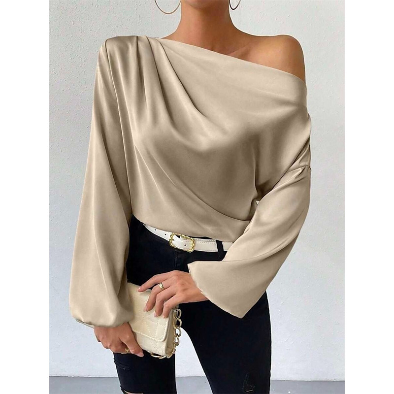 Women's Elegant Dressy Satin Top Blouse Solid Color Basic Casual Long Sleeve Lantern Sleeve Asymmetrical Regular Tops Daily Work Holiday Ruched Patchwork White Green Beige Spring Fall