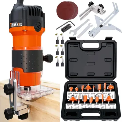 Compact Router, 6.5-Amp 1.25 HP Compact Wood Palm Router, Wood Trimmer with 15 pieces 1/4" Router