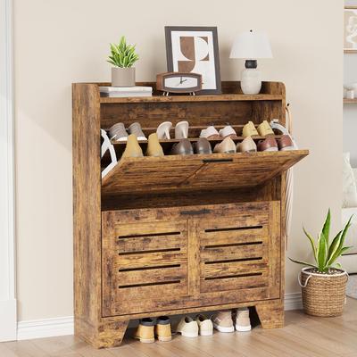 Shoe Cabinet Storage with 2 Flip Drawers and Hooks