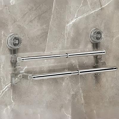 TEMU 1pc Dual Rod Towel Rack With Suction Cup - Space-saving Wall Mount Towel Storage With Retractable Rod Design, Hanging Rod For Home And Bathroom Decor, , No Drill Required Image