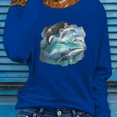 TEMU Women's Casual Long Sleeve T-shirt With Dolphin Print, Polyester Knit Fabric, Round Neck, Animal Pattern, Regular Fit Image