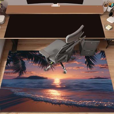 TEMU Tropical Beach Sunset Scene Chair Mat, Polyester Office Desk Floor Protector, Large Decorative Antiskid Carpet Mat For Home And Office, Gift Ready - 800g/m² Density Image