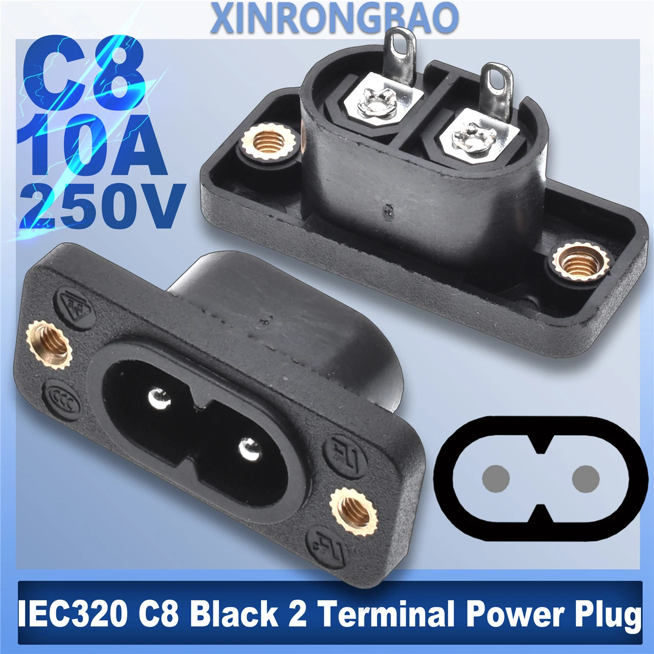 Hochwertiger IE320 C8-Netzstecker, schwarz, 2-poliger Netzstecker, Einlassbuchse, 2-poliger Anschluss, Schweißstift mit Gewinde, AC 250 V, 2,5 A/5 A Image