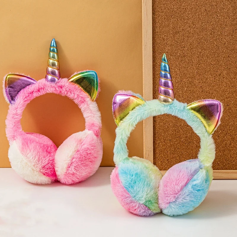 Kinder Kinder Winter Warme Bunte Einhorn Thermische Ohrenschützer Tie-dye Pelz Hut Katze Ohren Form Ski Schnee Weiche Plüsch flauschigen Earflap Image