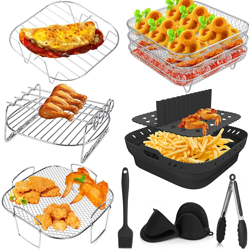 Quadratisches Heißluftfritteusen-Zubehör, Metallofen-Backregal, Kochgrillhalter für Cosori, Instant, Vortex, Foodi Airfryer-Korb Image