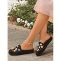 mules à enfiler pour femmes noires/jaunes à fleurs brodées avec semelle coussinée - chaussures décontractées confortables pour la maison et le quotidien