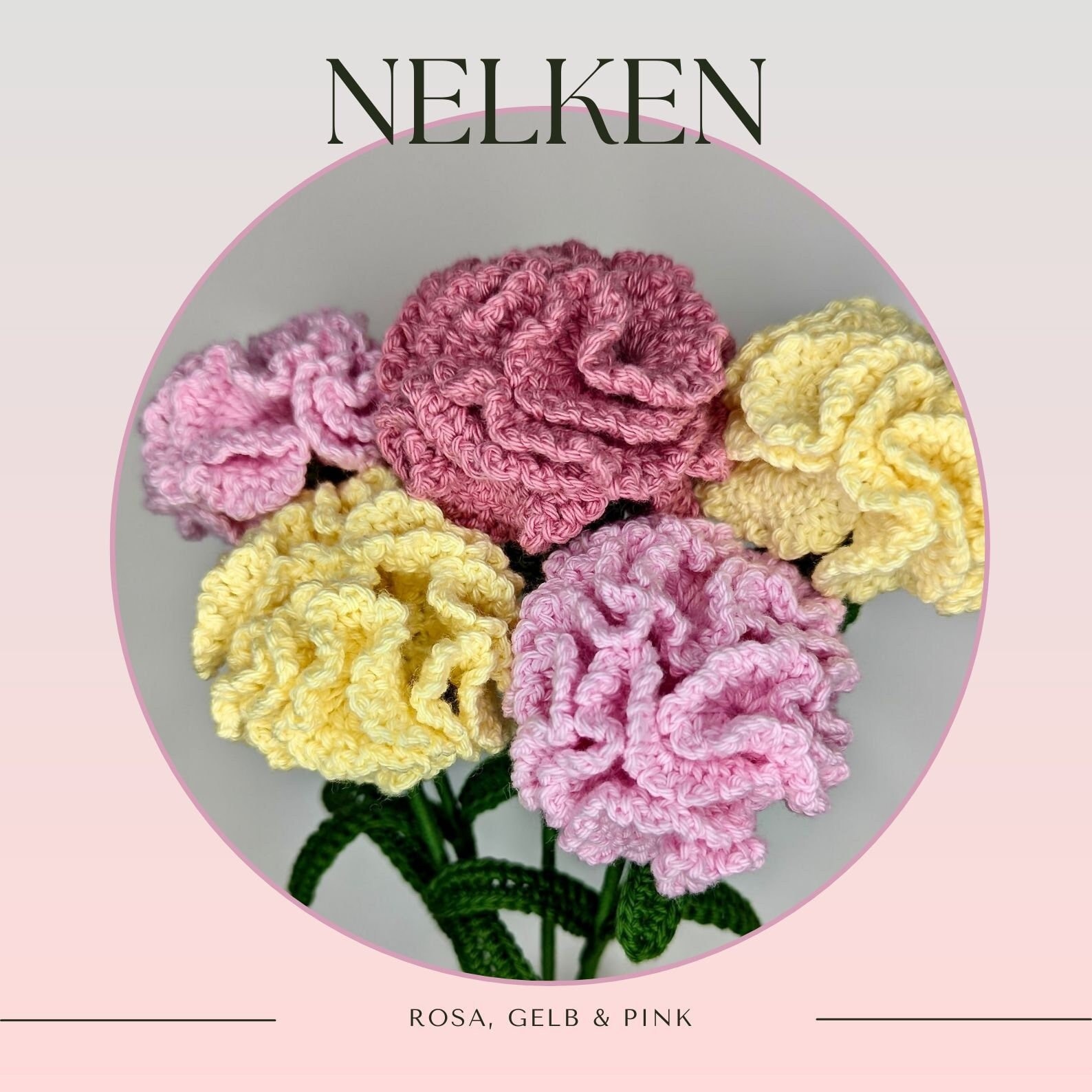 Set di fiori di garofano all'uncinetto, fiori rosa gialli e rosa, bouquet di garofani fatti a mano, bouquet di fiori all'uncinetto, bouquet regalo per