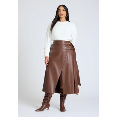 Plus Size Women's Double Belt Wrap Faux Leather Skirt by ELOQUII in Rocky Road (Size 30)