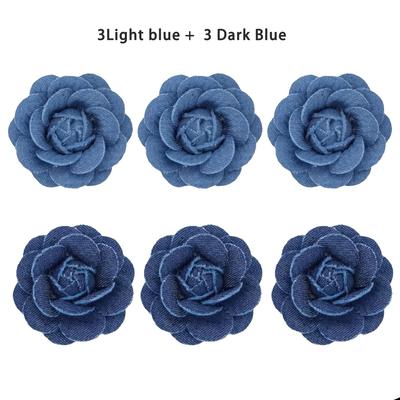 TEMU 6-pack Denim Flower Embellishments, 3d Fabric Floral Craft Accessories For Diy Hairpins, Brooches, Headwear, Clothing, Hats, And Dress Decorations - Light Blue & Blue Image