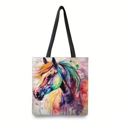 TEMU Watercolor Horse Print Tote Bag: Women's Casual Handbag For Work, School, Shopping, And Travel - 15.74x 13.74 In Image