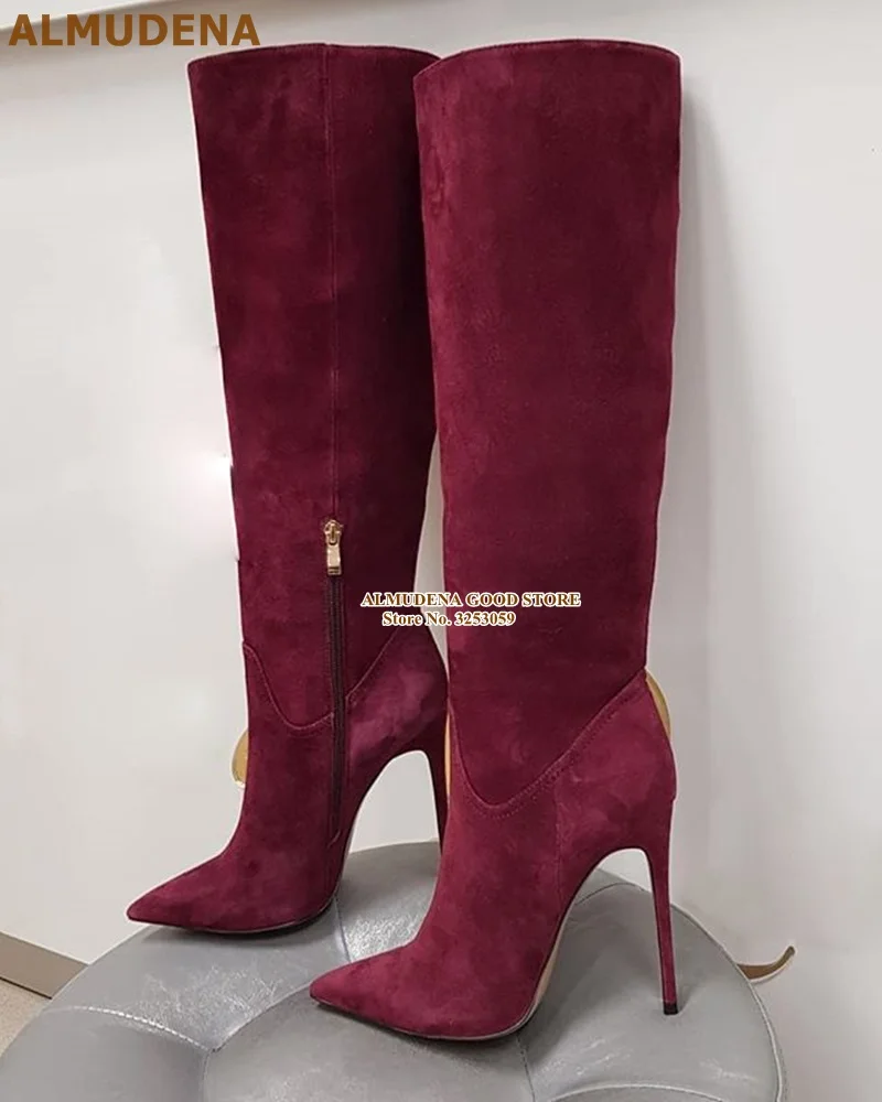 ALMUDENA Kniehohe Stiefel aus burgunderrotem Kaffee-Wildleder, eleganter Stiletto-Absatz, spitze Zehenstiefel, Herbst-Winter-langes Kleid, hohe Stiefel Image
