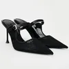 Schwarze Mesh-High-Heels-Damensandalen, sexy spitze Zehen, Stilettos, 2025, Sommer, atmungsaktive Pantoletten, Schuhe, Damen, Vintage-Sandale