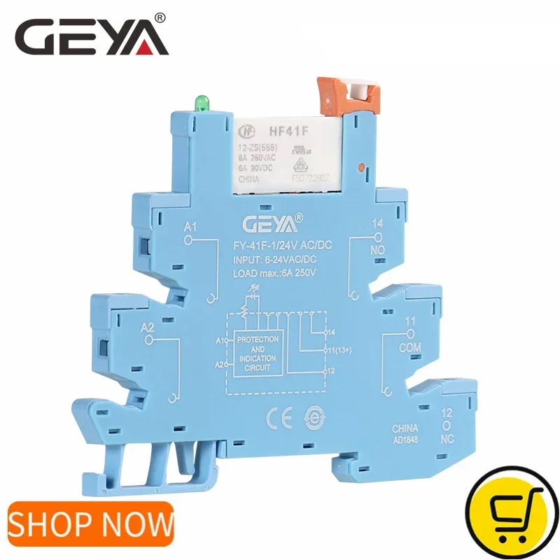 GEYA FY-41F-1 DIN-Schienen-Slim-Relaismodul Schutzschaltung 6A Relais 12VDC/AC oder 24VDC/AC Relaissockel 6,2mm Dicke Image