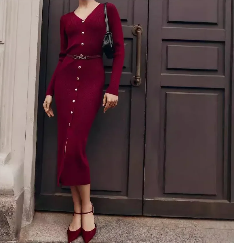Damen-Maxikleid mit V-Ausschnitt und Knopf, geteilt, Herbst-Winter, langärmelige Strickkleider, 2022, neues, hüftumwickeltes Pullover-Cardigan-Kleid Image