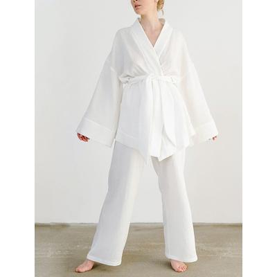 Women's Pajama Set Casual Comfort Pure Color Lace up Elastic Waist Robe Top Pant Home Daily Long Sleeve V Neck White Blue Brown Summer Spring Fall Regular Fit