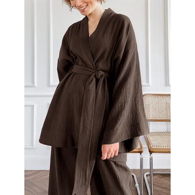 Women's Pajama Set Casual Comfort Pure Color Lace up Elastic Waist Robe Top Pant Home Daily Long Sleeve V Neck White Blue Brown Summer Spring Fall Regular Fit