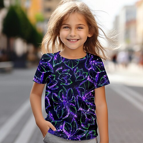 Carnival Mädchen 3D Blumen T-Shirt Rosa Kurzarm 3D Druck Sommer Aktiv Mode Niedlich Polyester Kinder 4-12 Jahre Rundhals Outdoor Casual Alltag Normale Passform Image