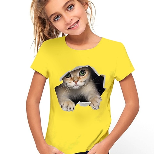 Mädchen 3D Katze T-Shirt Kurzarm 3D-Druck Sommer Aktiv Kuschelig Polyester kinderkleidung 3-12 Jahre Outdoor Täglich Regular Fit Image