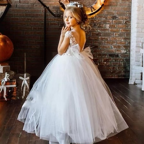 Blumenmädchenkleid Mädchen Kleid Formelle Kleidung Prinzessinenkleid Erstkommunion Kleid Partykleid Leistung Hochzeit Party Prinzessin Süß Ostern Netz Rückenfrei Blume Ärmellos V-Ausschnitt Weiß 3-12 Image