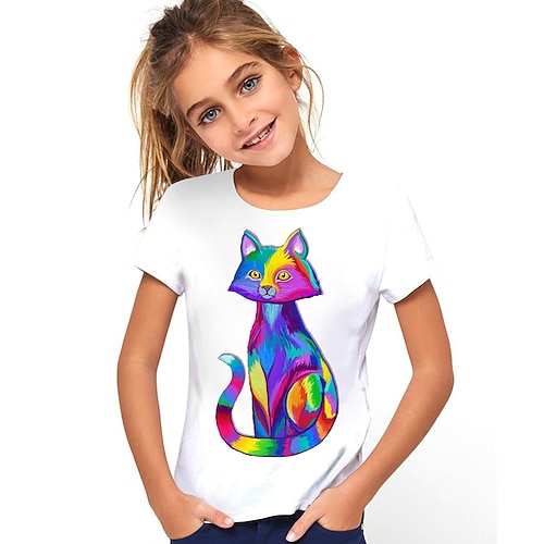 Mädchen 3D Tier Katze T-Shirt Kurzarm 3D-Druck Kuschelig Basic Polyester kinderkleidung Image