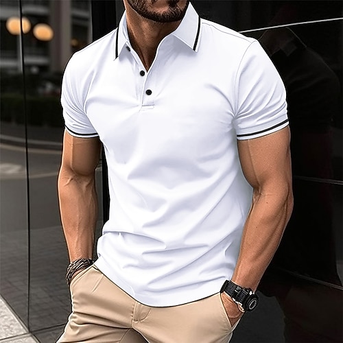 Herren Business-Polo Golfhemd Geschäft Casual Gerippter Polokragen Kurzarm Feste Farbe Knopf Sommer Frühling Herbst Hellrosa Dunkelrosa Schwarz Weiß Hellgrün Dunkelmarine Business-Polo Image