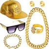 Choice 80er 90er Hip Hop Kostümset Metallkette Flat Top Sonnenbrille Rapper Große Kette Halskette und Armband Hip Hop Gold Cap