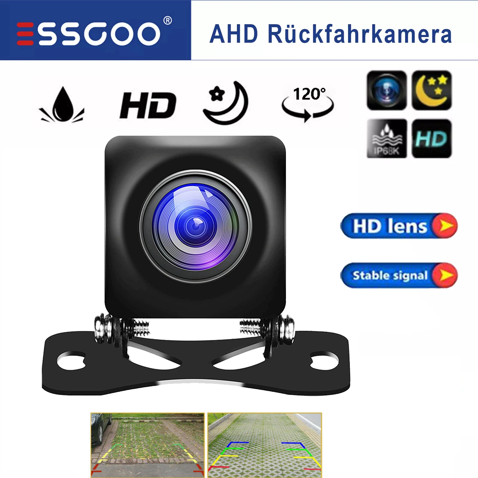 ESSGOO 12V Universelle HD AHD Rückfahrkamera für Autos Nachtsicht Rückfahrkamera IP68 Wasserdicht 120° Weitwinkel Image