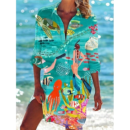 Vestito Mini Dress da Donna Camicia Hawaii Fluttuante Grafica da Spiaggia Manica Lunga Colletto Bottoni Stampa Form Fit Vacanza Verde Estate Abbigliamento Per Spiaggia