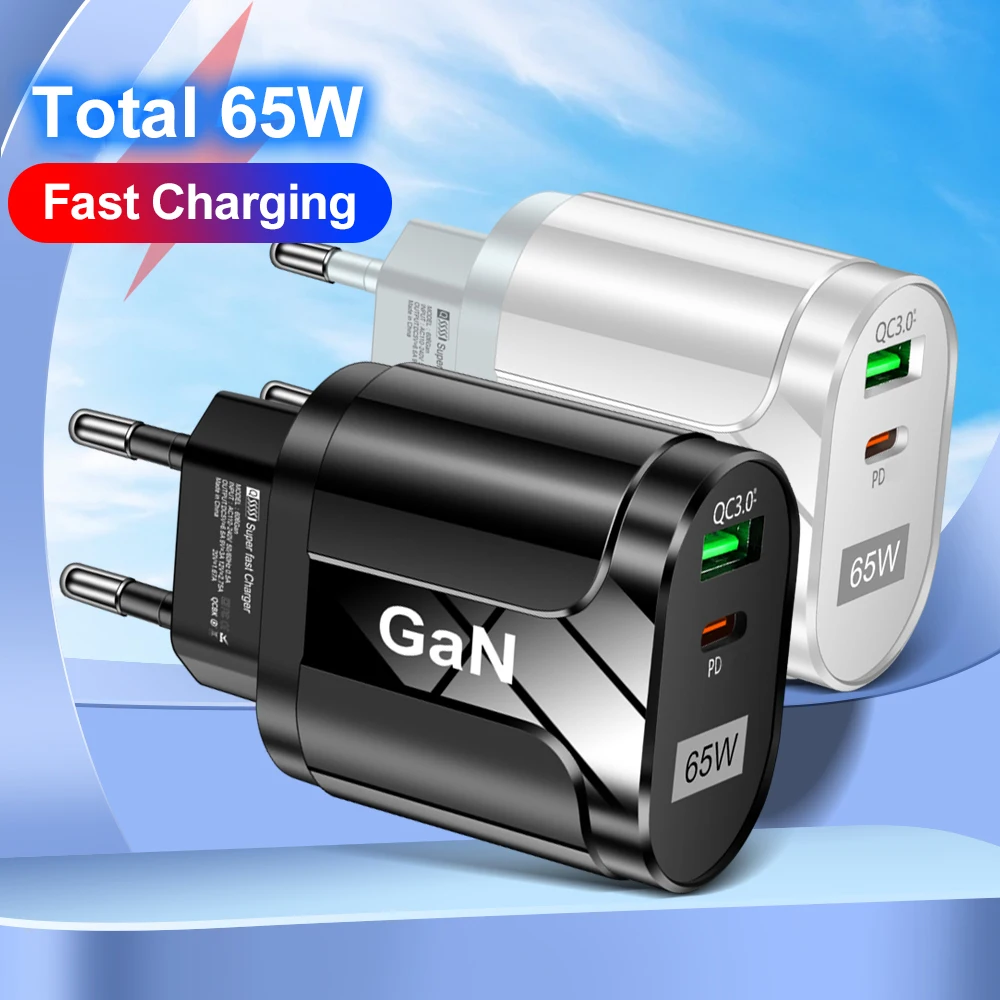 Caricabatterie GaN 65W PD USB tipo C caricabatterie da muro di tipo C a ricarica rapida per telefono cellulare per iPhone Xiaomi Samsung Huawei caricabatterie con spina ue/usa