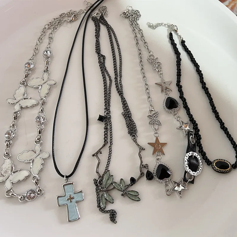 Y2K Libelle Halskette für Frauen Mode Hip Hop Schwarz Kristall Anhänger Halsketten Spleißen Kette Mädchen Rave Geschenk Gothic Schmuck