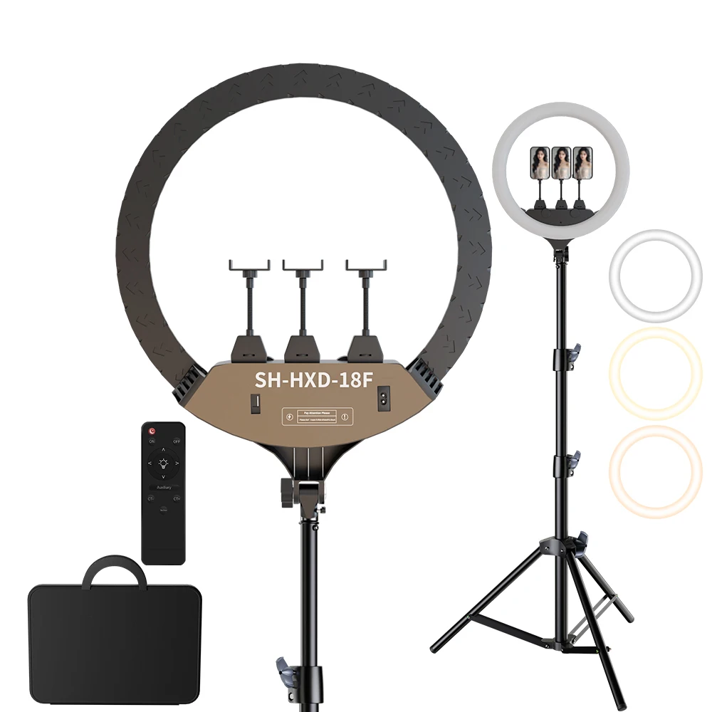 SH 18-Zoll LED Selfie-Ringlicht für Fotografie und Video mit Handyhalterung, Stativ und dimmbarer Beleuchtung für Streaming Image