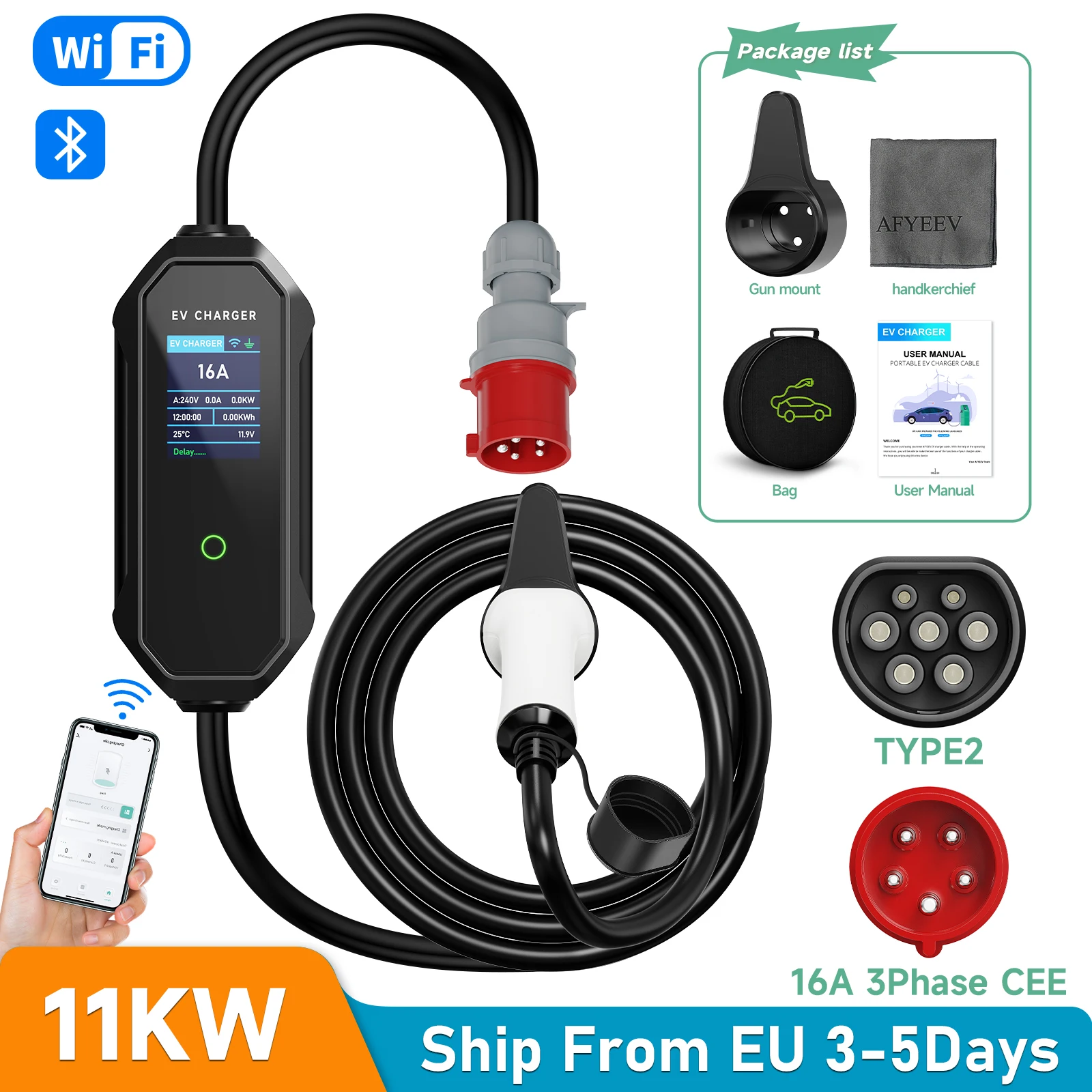 AFEEV Typ 2 Tragbares EV-Ladegerät 11 kW 16 A 3 Phasen Wallbox IEC62196-2 EVSE Schnellladekabel CEE-Stecker WIFI APP Bluetooth-Steuerung Image