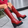 Große Größe 43, brandneue Damen-Plattformstiefel mit mittlerer Wade, modisch, solide, dicke High Heels, Damenstiefel, Party, Büro, Damenschuhe