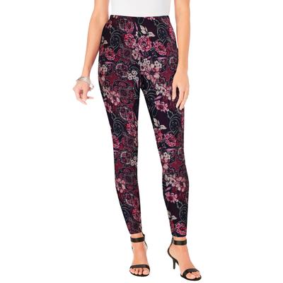 Plus Size Women's Ankle Length Essential Stretch Legging by Roaman's in Dark Berry Rose Paisley (Size 5X) Activewear Workout Yoga Pants