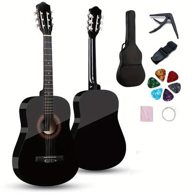 TEMU 38-inch Acoustic Classical Guitar Set With Polished - Ideal For Beginners, Includes Case, Strap, Tuning Clip, Cleaning Cloth, Strings & Picks - In Orange/black