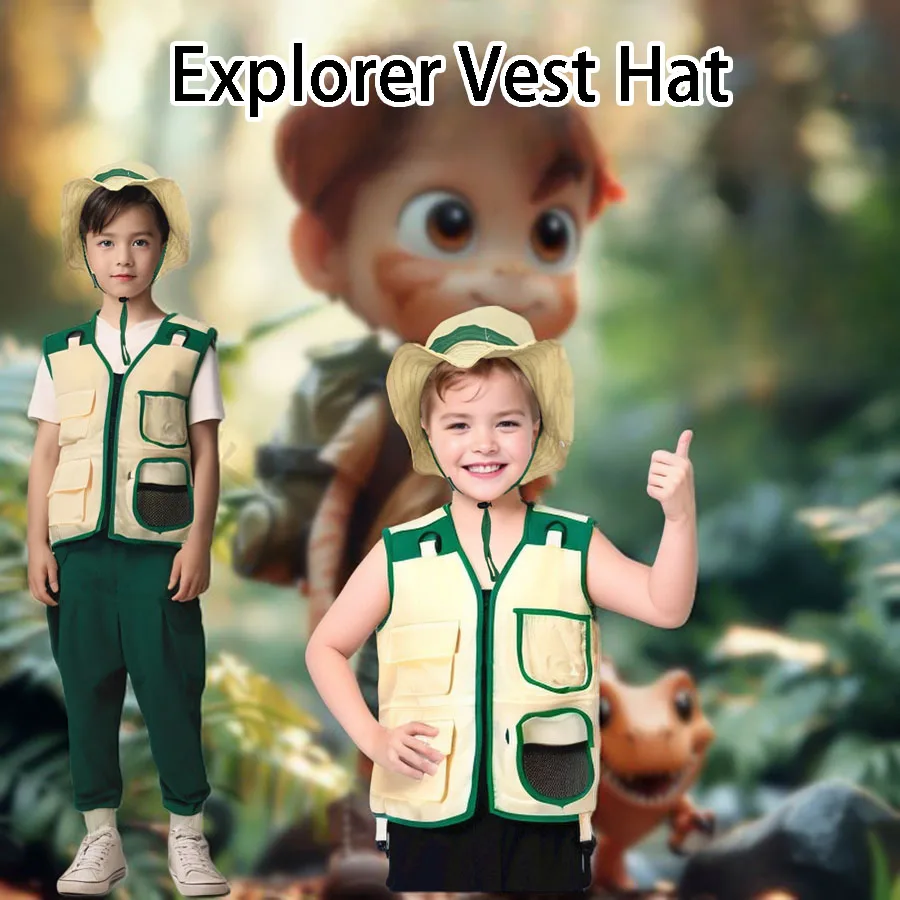 Kinder Camping Explorer Weste Hut Anzug Outdoor-Abenteuer Kleidung Kinder mehrere Taschen Insekten Angeln Party Cosplay Kostüme Image