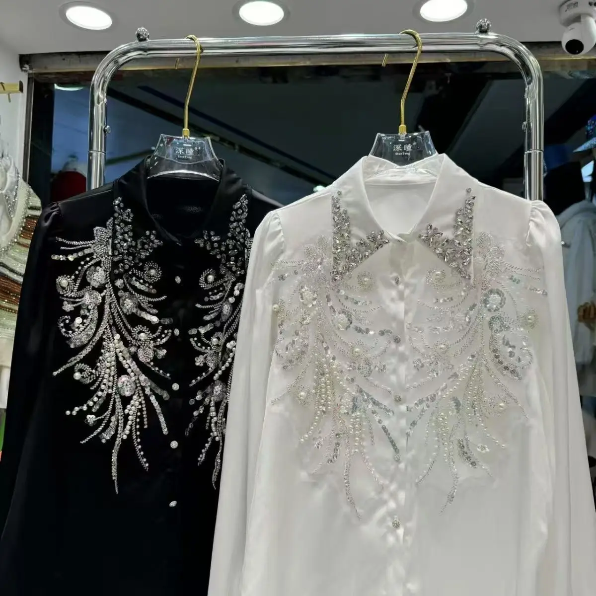 Sparkle Diamonds Beaded Sequined Stitch Buttons Up Blouses Shirts Women's Long Sleeve Black White Shirt Top Woman Clothing Sales