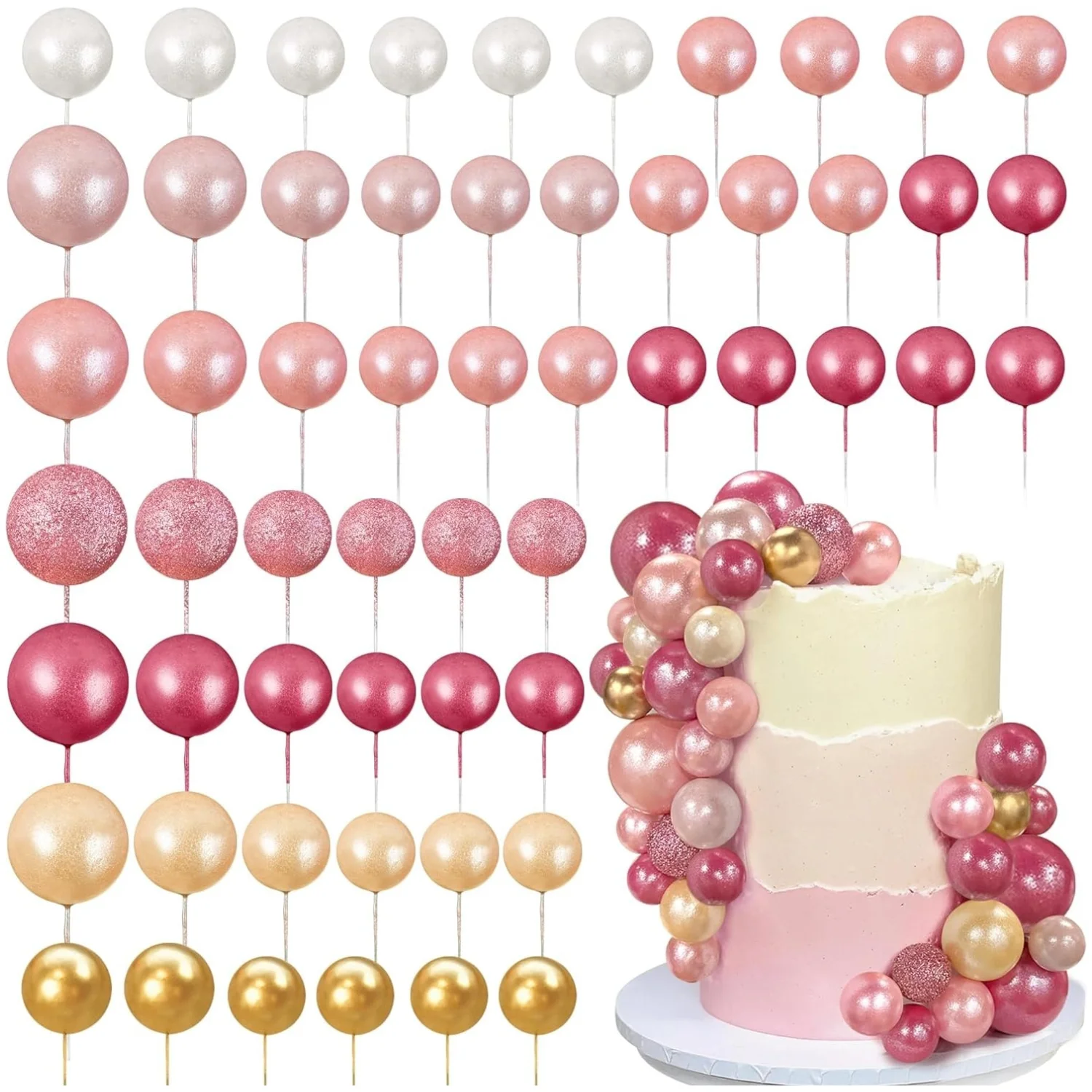 56 Stück Kugel-Kuchen-Picks, bunter kugelförmiger Kuchenaufsatz, Perlenkugeln, Cupcake-Kucheneinsatz-Aufsatz für Hochzeit, Geburtstag, Party Image