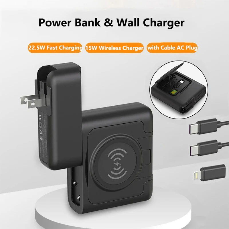 10000mah Power Bank kabelloses Ladegerät Power bank mit Kabel Wechselstrom stecker 22,5 w Schnell ladung für iPhone 15 Samsung S24 Xiaomi Pover bank Image