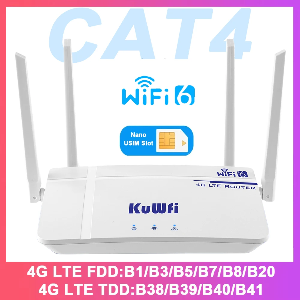 KuWFi 4G CAT4 LTE Router 300 Mbit/s Wireless WiFi6 Router 4G Modem RJ45 Port Nano USIM Slot Externe Antenne Unterstützung für 10 Benutzer Image