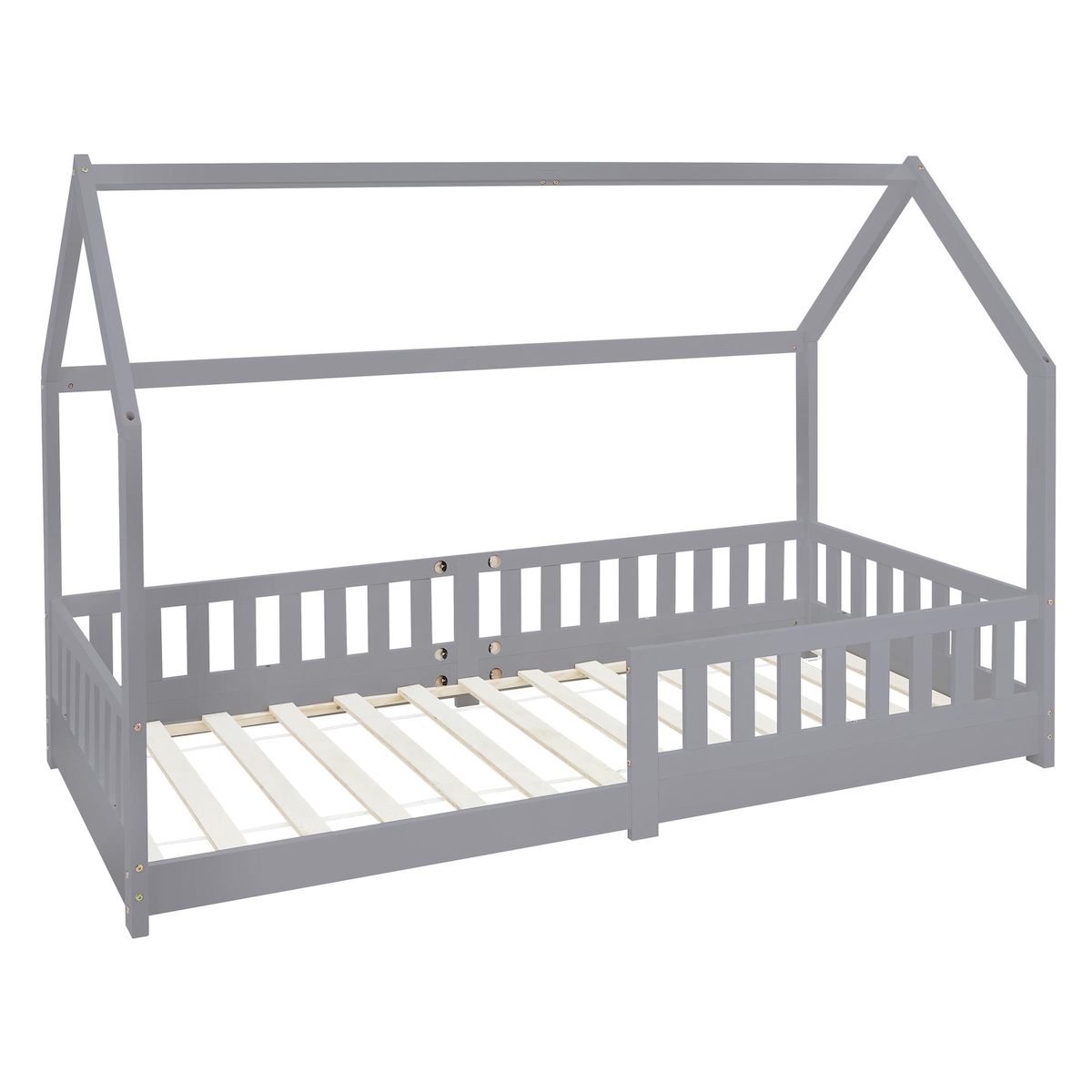 ML-Design Kinderbett 90x200 cm Hellgrau mit Rausfallschutz, Dach & Lattenrost, Hausbett aus Kiefernholz, Kinderhaus Bodenbett Spielbett Jugendbett Image
