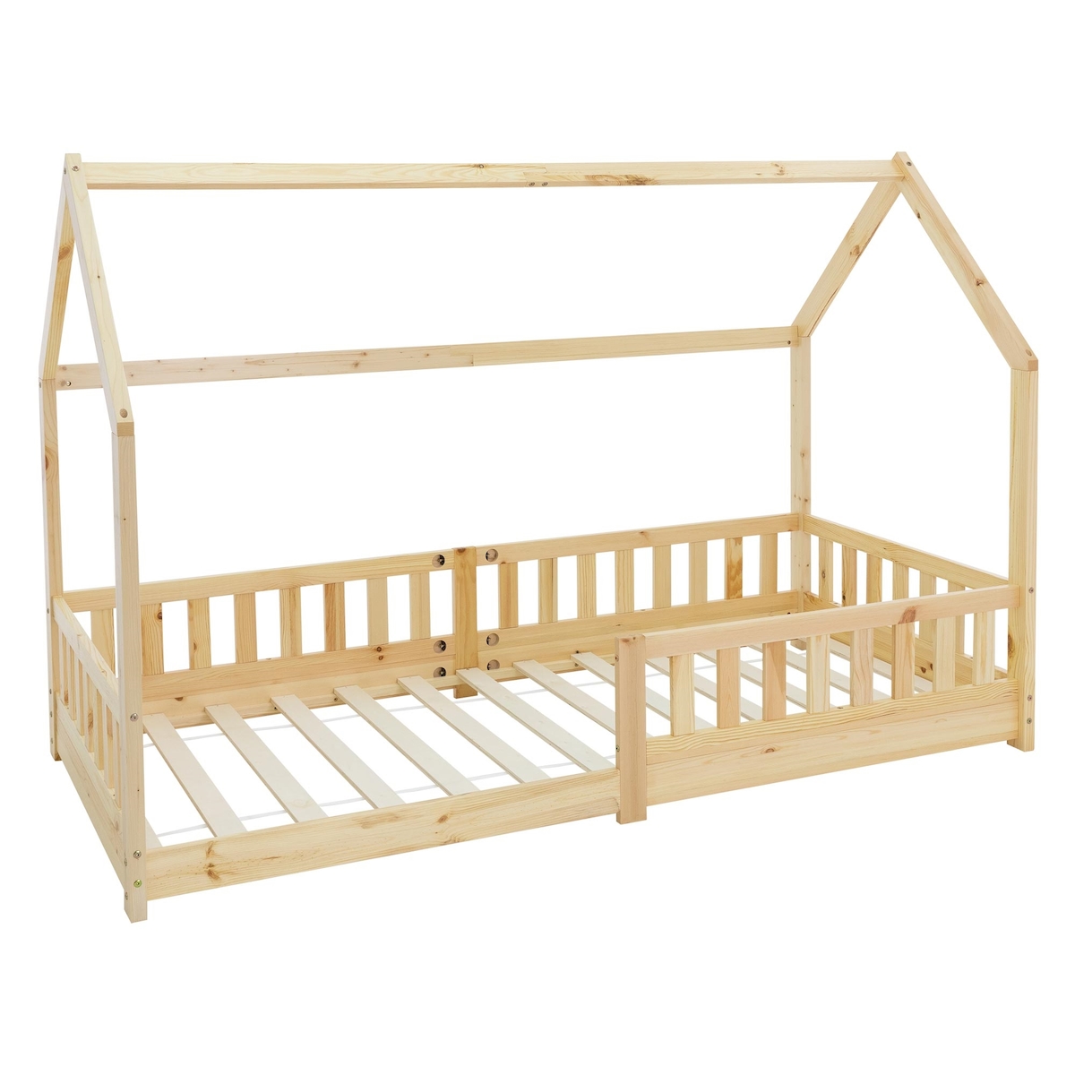 ML-Design Kinderbett 90x200 cm Natur mit Rausfallschutz, Dach & Lattenrost, Hausbett aus massivem Kiefernholz, Kinderhaus Bodenbett Spielbett Image