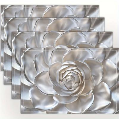 TEMU 4pcs Silver Floral Linen Placemats, Rectangular Table Mats For Kitchen, Party, Wedding - Hand Washable, Fade-resistant, , Easy To Clean Dining Decor Image