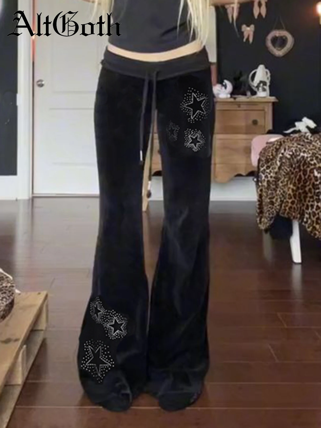 AltGoth Y2k Streetwear Pantaloni di velluto gotico Donna Dark Cyber Punk Harajuku Grunge Pentagramma stampato Pantaloni dritti a vita bassa Femme