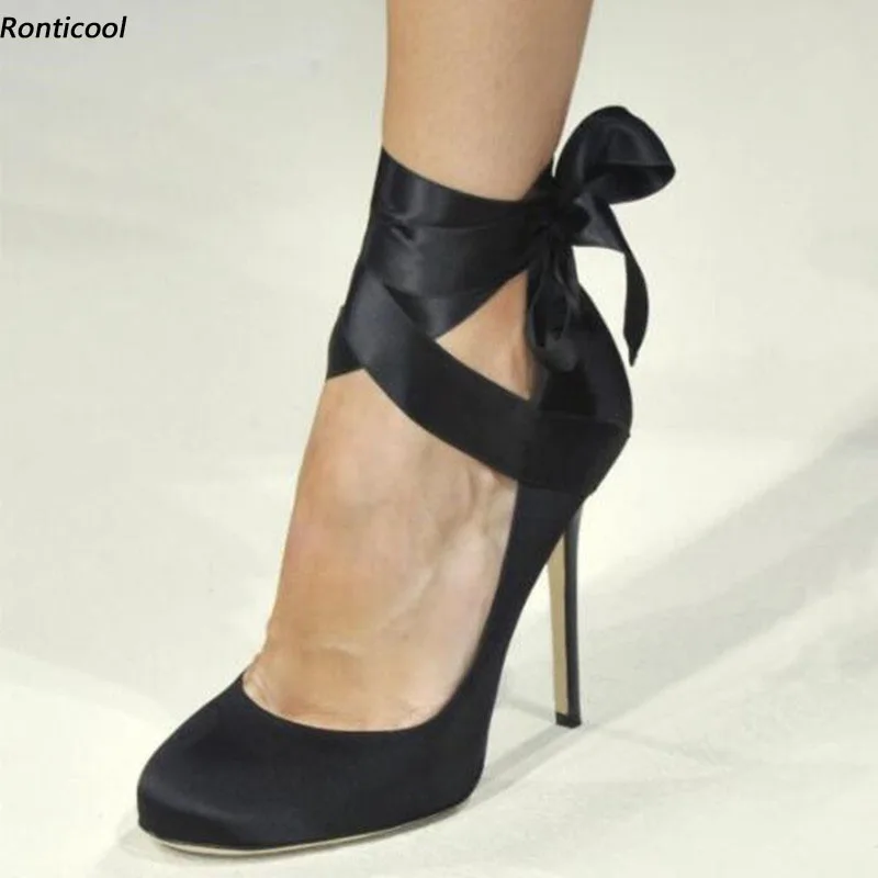 Ronticool Handgemachte Frauen Pumpen Sexy Band Ankle Strap Stiletto Heels Runde Kappe Elegante Schwarze Schuhe Frauen UNS Plus Größe 5-13