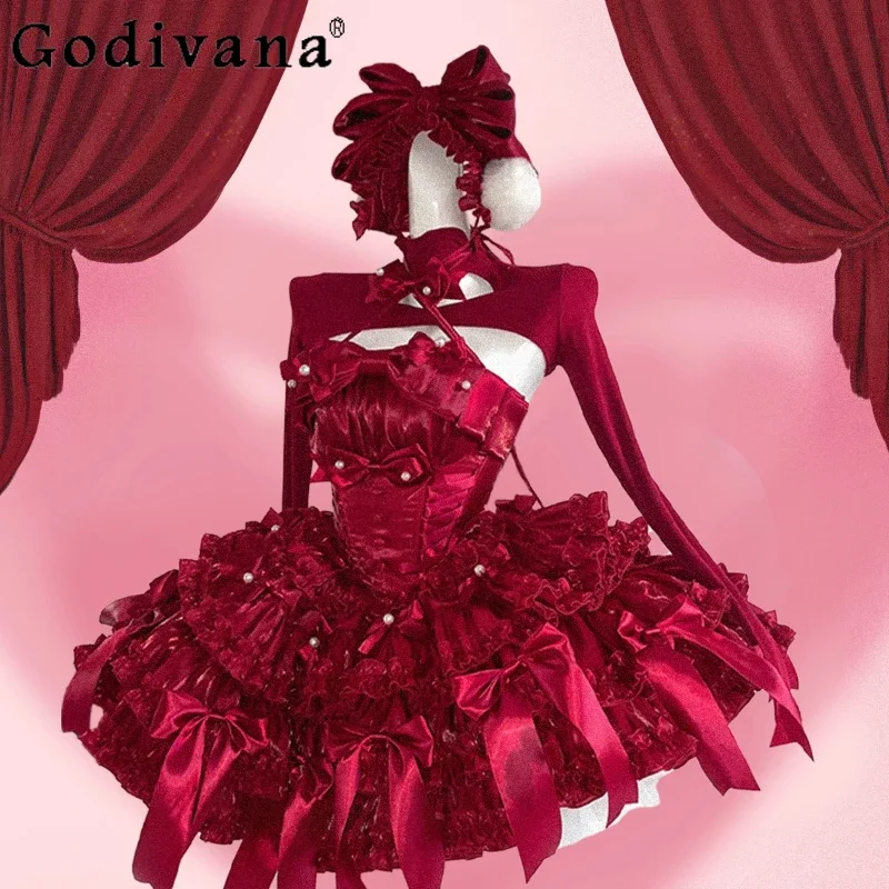 Weihnachten Rot Lolita Trägerloses Kleid Damen Schlank Große Schleife Elegant Schwerindustrie Geburtstag Party Abendkleid Damen Kurzes Kleid